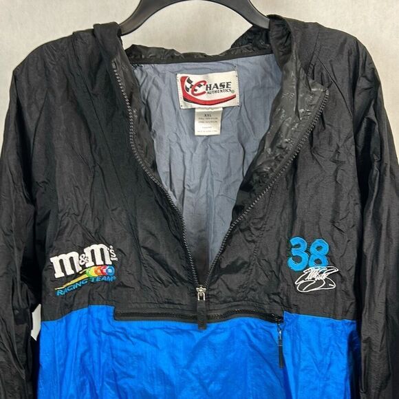 Vtg Elliott Sadler NASCAR Windbreaker Pullover w/Hood Sz XXL m&m's 38 Blue Black - Picture 7 of 10